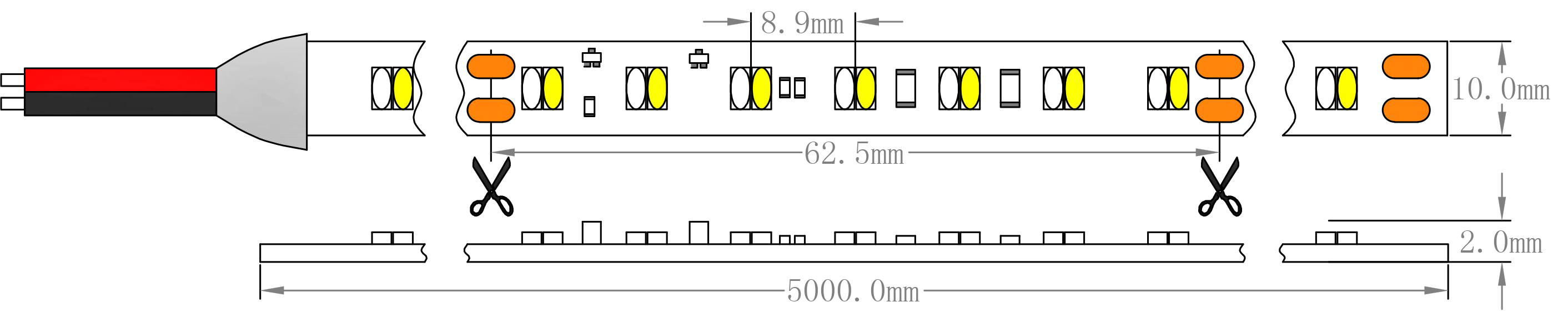 SMD2216 Dim to Warm LED Strip Light Dimension. SMD2216 أبعاد ضوء الشريط LED الدافئة