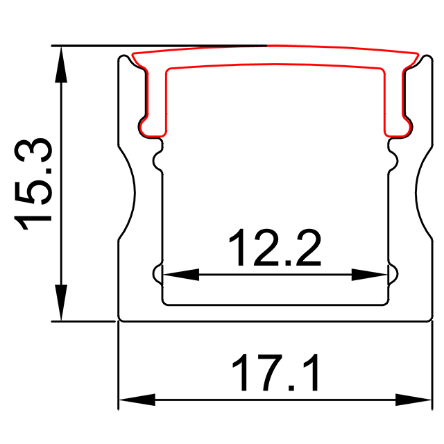 W17.1mm * H15.3mm (العرض الداخلي 12.2mm) لمحات LED من الألومنيوم بدون جناح