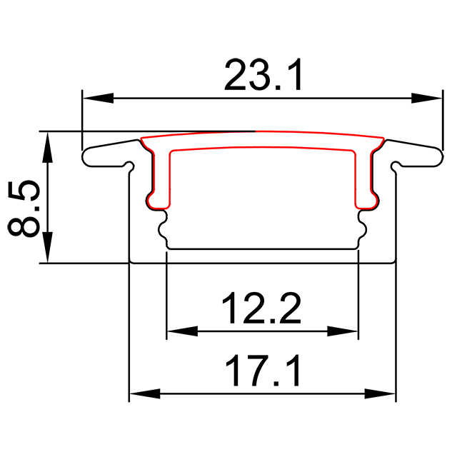 W17.1mm * H8.5mm (العرض الداخلي 12.2mm) لمحات LED من الألومنيوم بجناح