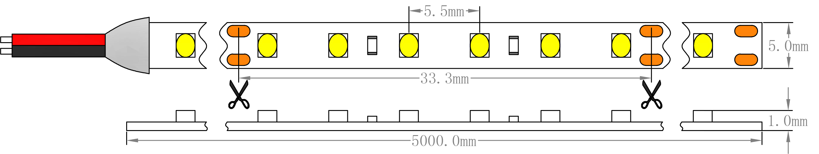 SMD2835 5mm 14.4W LED قطاع أبعاد الضوء